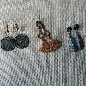 3 pairs of boho fashion earrings teal and copper